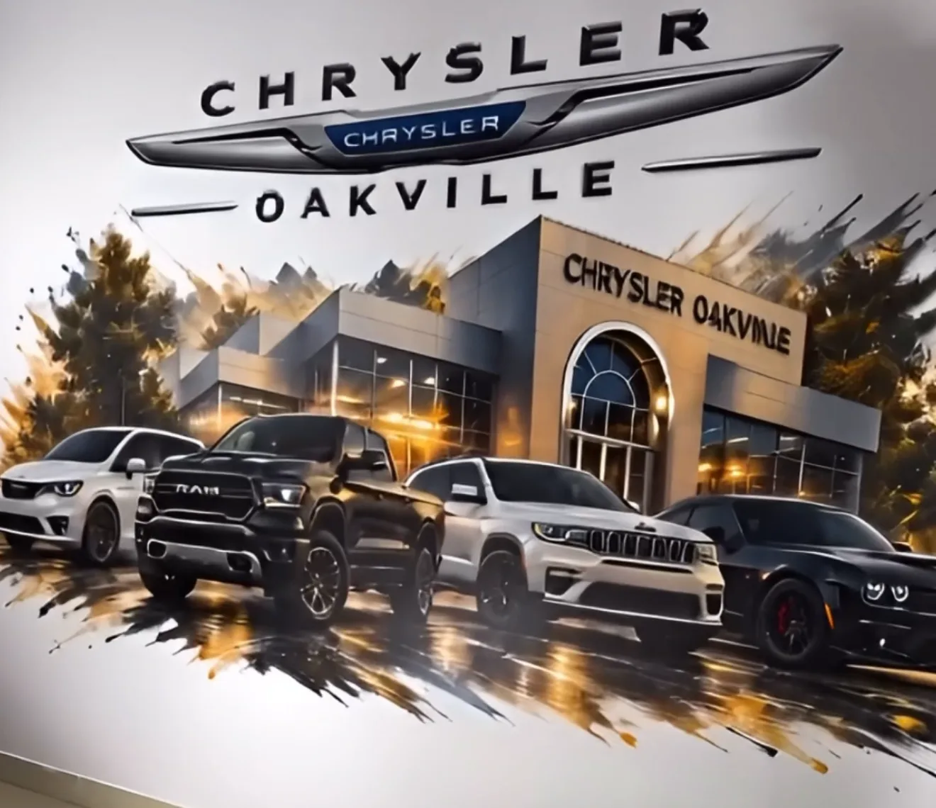Wall mural of Chrysler, Ram, Jeep and Dodge vehicles in front of a dealership, printed directly onto a showroom wall in Oakville