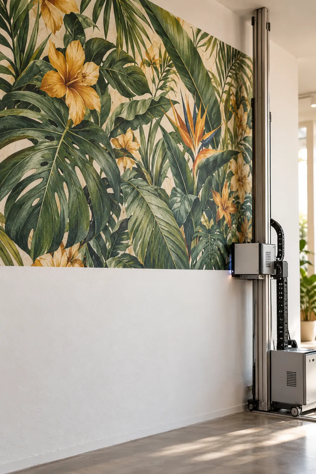 Vertical wall printer printing a colourful mural directly onto an interior wall