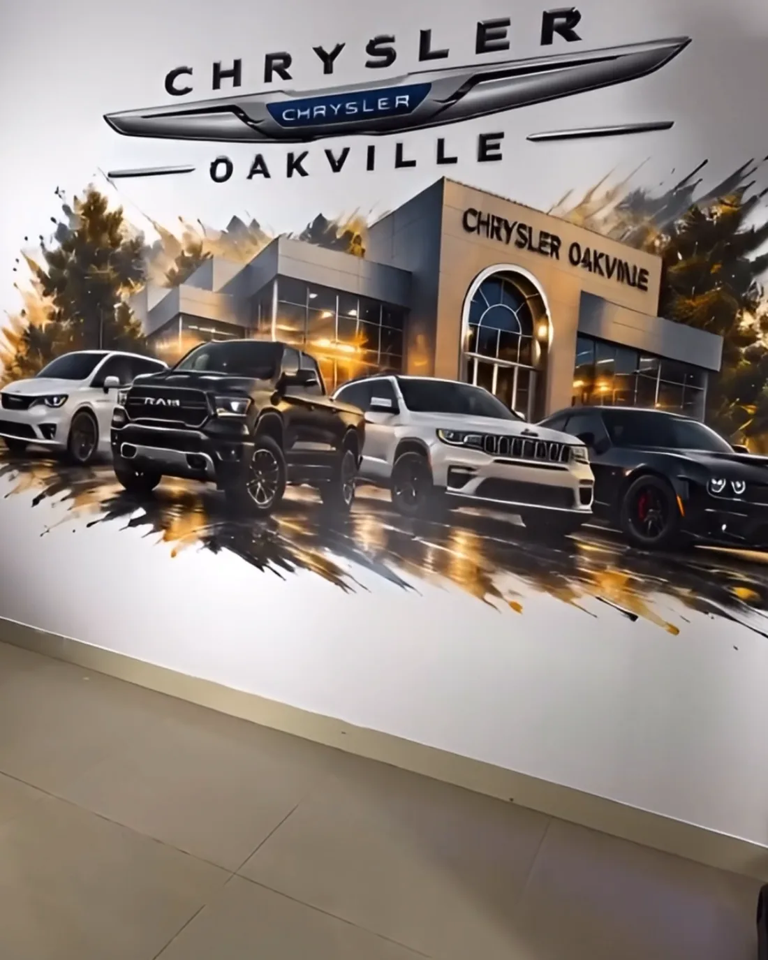 Full showroom wall mural printed in Oakville featuring vehicles and dealership building